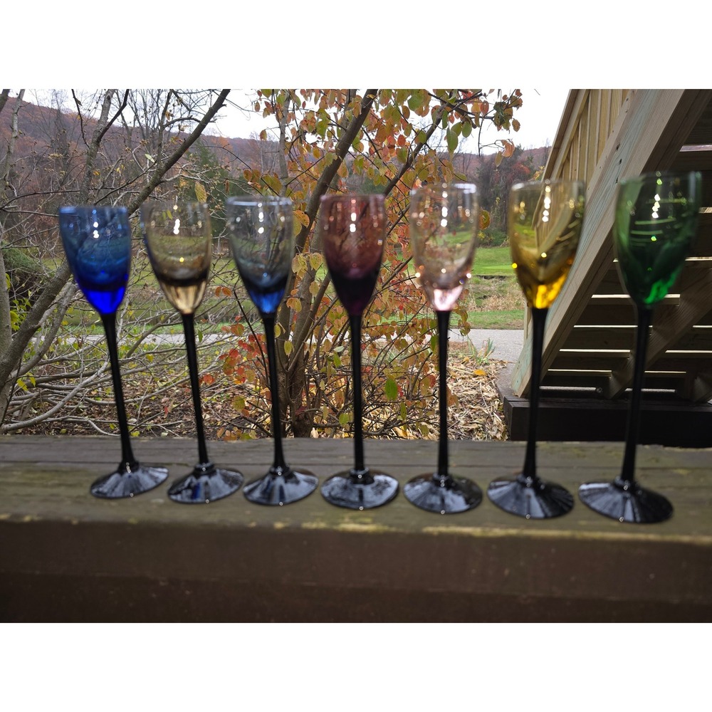 Set of 7 Colored Shot Glasses Rainbow Hue Tall Stem Black Base